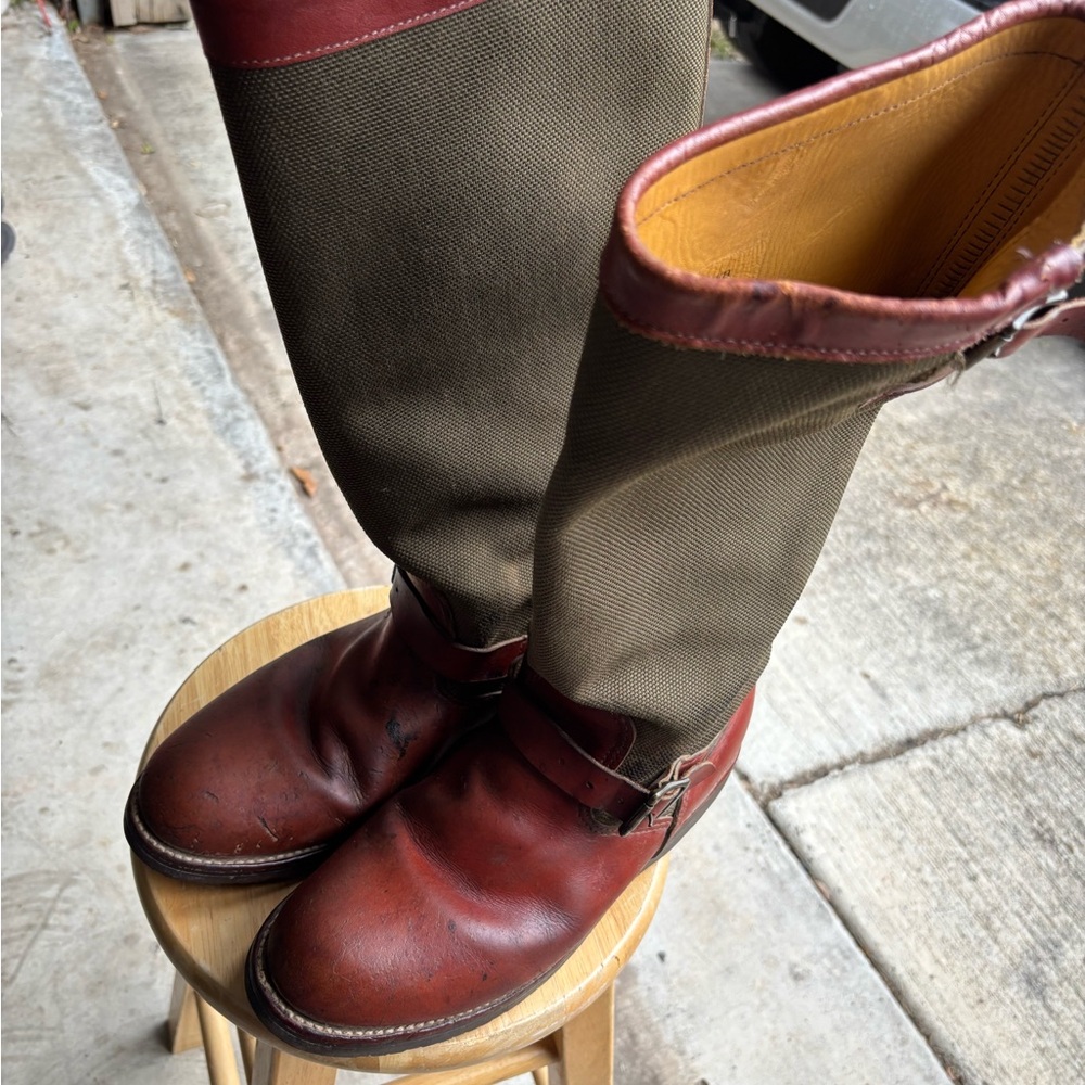 Chippewa 9.5D snake boots - khaki green cordura and brown leather boots